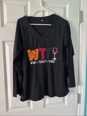 WTF Wine Turkey Family Black Graphic V-Neck Top